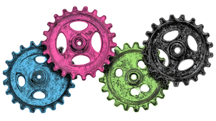 Industrial metal gears and cogs on a black background represent mechanical engineering technology and machinery parts for business teamwork concepts