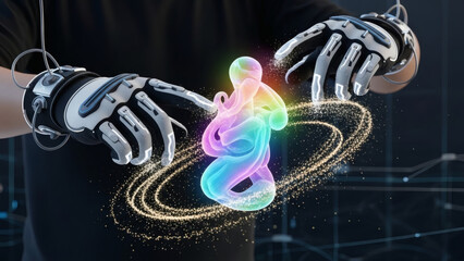 A person wearing robotic hands creating a swirling rainbow light effect in a futuristic environment