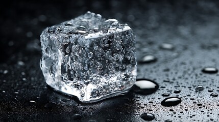 Obraz premium A close-up shot of a single ice cube on a dark, wet surface, with water droplets surrounding