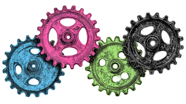 Industrial metal gears and cogs on a black background represent mechanical engineering technology and machinery parts for business teamwork concepts - Powered by Adobe
