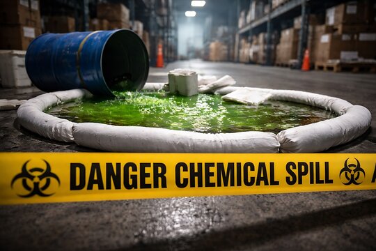 Industrial accident scene with a hazardous chemical spill contained by safety barriers