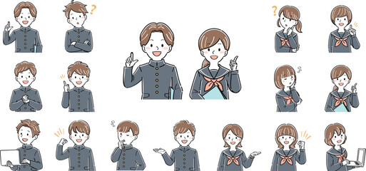 制服姿の男女の学生の上半身イラストセット・様々なポーズと表情（説明、案内、疑問）