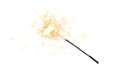 A macro illustration of a sparkling firework with explosive golden light trails glowing like a Christmas sparkler against a black background with flying seeds in the summer wind