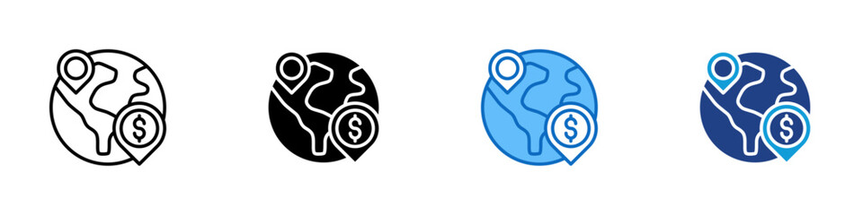 Global Economy Multiple Style Icon Design Vector - World map with location pin and currency symbol, representing international trade, finance, and economic connectivity © sahila