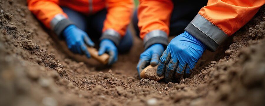 Geologists gather ground samples in safety gloves and orange jackets. Earth science pros inspect soil. Eco research staff collecting earth materials for analysis, testing and assessment.