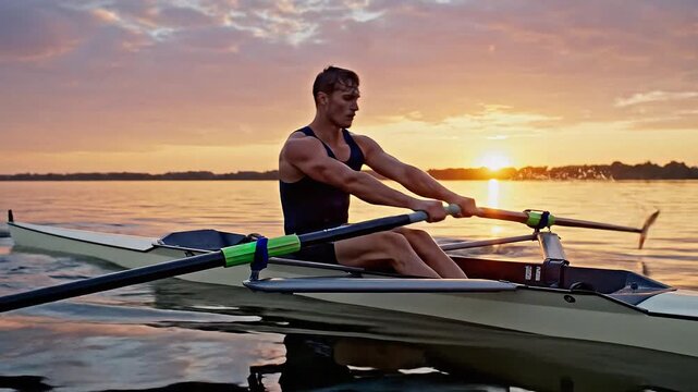 Athlete rowing at sunset, water glistening below