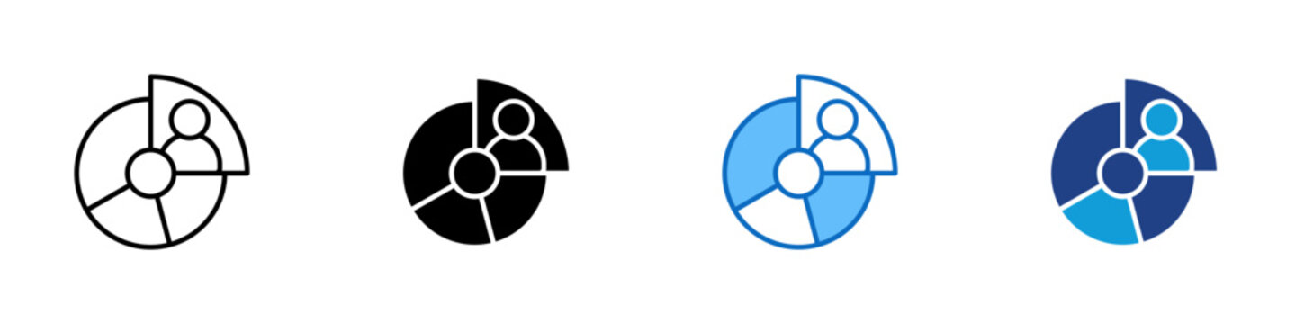 Customer Segmentation Multiple Style Icon Design Vector - Divided circular chart with user symbol, representing classification, targeting, and market analysis