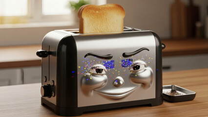 A smiling toaster with a slice of toast on a kitchen counter