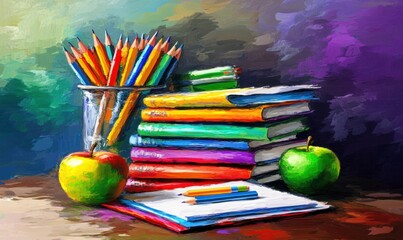 Colorful school supplies arrangement with books apples and pencils still life