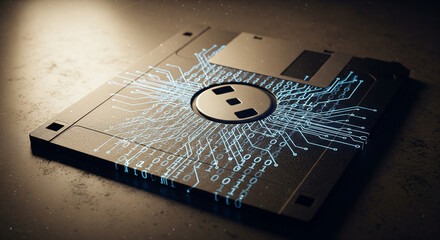 A classic 3.5-inch floppy disk with glowing blue digital circuit patterns superimposed on it, representing the evolution of data storage
