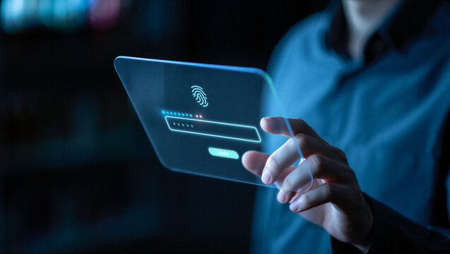A businessman's hand interacts with a modern virtual interface by pushing a button on a sleek touch screen Change Your Password Day - Powered by Adobe