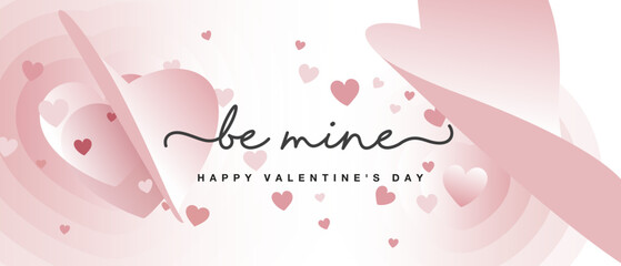 Be mine Happy Valentines Day handwritten calligraphy. Love Valentine vibes with beautiful flying blow wind hearts. Greeting card with love pastel pink background
