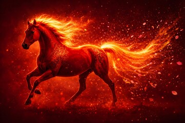 Fiery horse with glowing mane and tail made of fire, galloping in a mystical realm