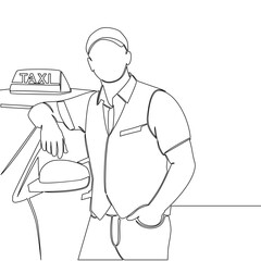 Continuous one single line drawing Taxi driver standing near his car waiting for passengers icon vector illustration concept