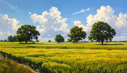 Sunny landscape featuring a vibrant yellow field, lush green trees under a vast blue sky dotted with puffy white clouds
