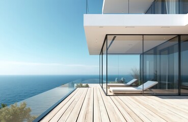 Naklejka premium Modern seaside villa exterior design. White facade large glass windows balcony with ocean view. Wooden floor sun loungers. Clear blue sky over sea. Contemporary architecture luxury residence concept.