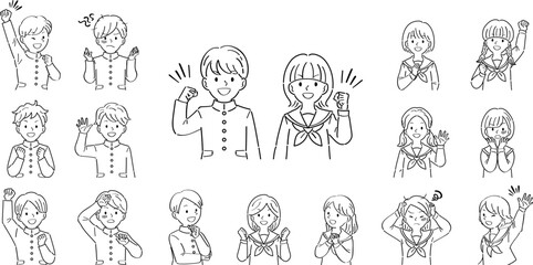 制服姿の学生の男女の上半身イラストセット・様々なポーズと表情（ガッツポーズ、考える、悩む）線画