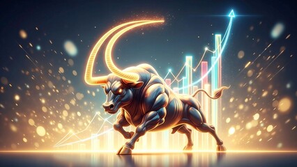 Crypto legend artwork,bull carved in light, chart