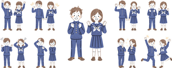 制服姿の男女の学生の全身イラストセット・様々なポーズと表情（ガッツポーズ、応援、悩む）