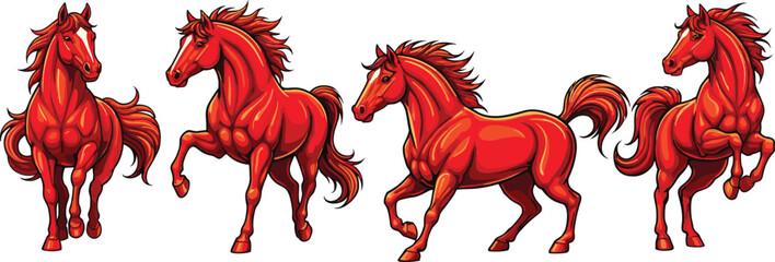 Red fiery horse character set with dynamic running poses, powerful fantasy animal vector illustration © Sumon Creative