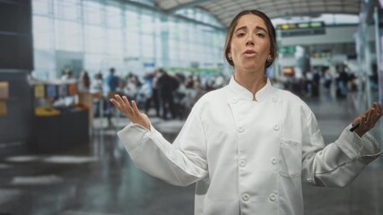 Woman chef holds spatula and raises bare hand while speaking in a busy airport terminal; determination playful cooking.