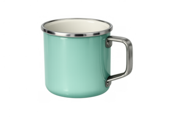 Mint green enamel mug with metal handle, vintage camping cup isolated on a transparent background