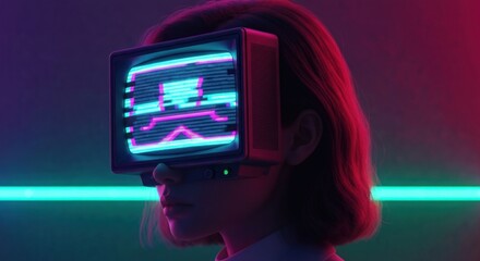 Cyberpunk woman wearing pixelated screen headset
