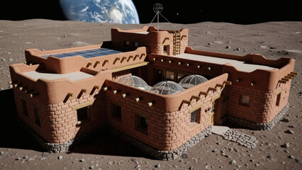 A futuristic red brick building on the moon with Earth in the background