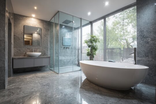 Modern luxury bathroom features large freestanding tub and glass shower enclosure