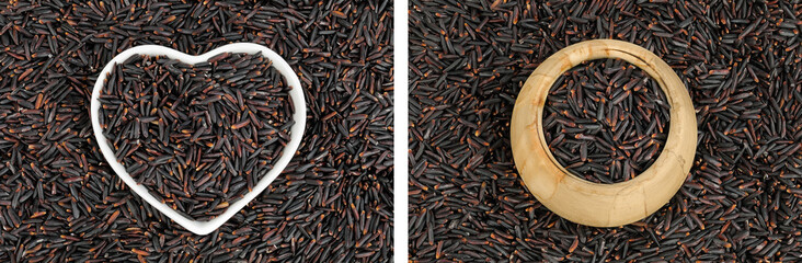 Black rice in a ceramic and wooden bowl as a background. Top view. Flat lay