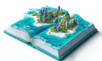 Conceptual cityscape book illustration on islands surrounded by ocean