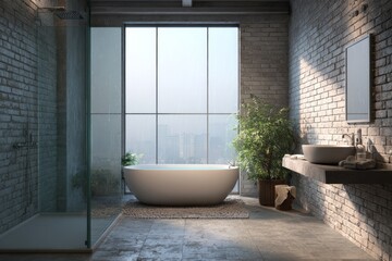Contemporary bathroom interior features a freestanding tub against a large window overlooking an urban view