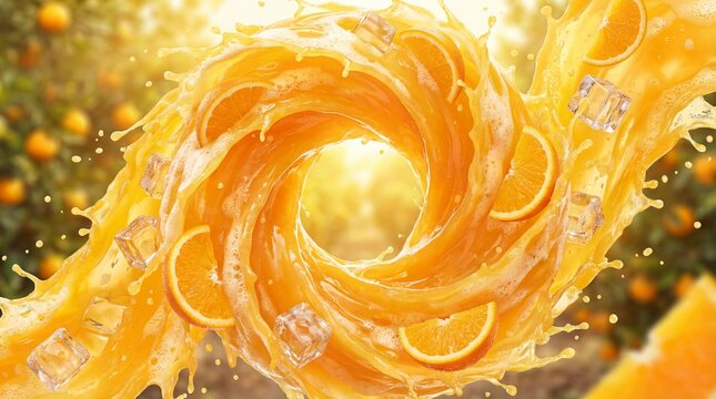 Vibrant swirl of orange juice with fresh slices and ice cubes, creating a dynamic splash effect, surrounded by a sunny orchard atmosphere, evoking freshness and vitality