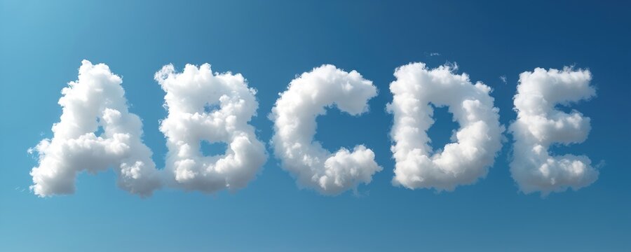 White fluffy clouds form letters A B C D E against clear blue sky. Sky is bright with soft white cumulus clouds. Alphabet concept made of nature elements.