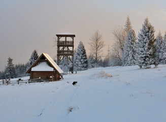 Stary Groń - szczyt w Beskidzie Śląskim w zimie z wieżą widokową
