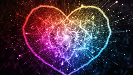 A vibrant rainbow heart with sparkling lines and dots on a dark background