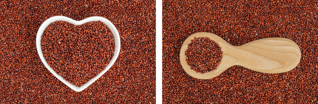 red quinoa seeds in ceramic bowl and wooden spoon as a background. Top view. Flat lay