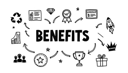 Fototapeta premium Benefits Infographic with Leadership, Rewards, Growth and Achievement Icons in Black and White Style
