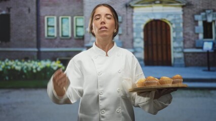 Woman chef in white coat holds wooden tray of muffins and rubs eye gesture while standing before a stone building; tired resilience.