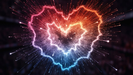 A vibrant heart-shaped light installation with colorful neon lines and sparks on a dark background