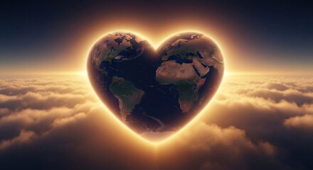 Earth shaped heart glows in clouds at sunrise