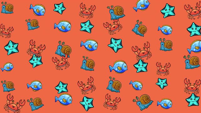 Marine pattern with crabs, fish, stars, and snails. Perfect for summer beachthemed designs, childrens products, and oceanthemed decor.