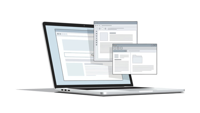 Laptop with multiple web browser windows open on screen
