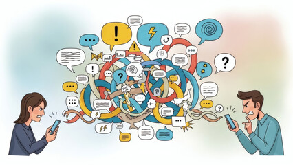 A cartoon illustration of two people using their smartphones with a chaotic mix of speech bubbles and thought clouds surrounding them.