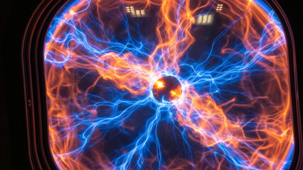 A mesmerizing display of vibrant blue and orange lightning emanating from a glowing orb