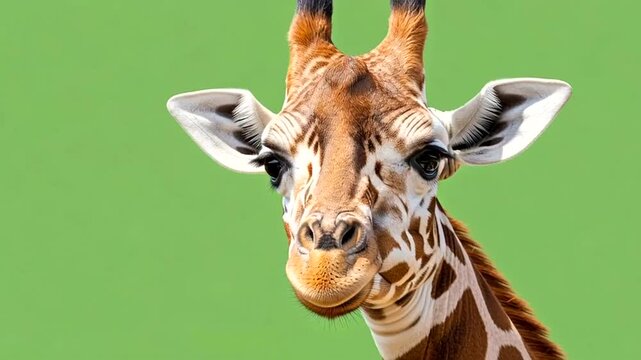 Giraffe Head Closeup on Green Background.