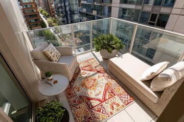 Modern balcony has comfortable seating and a colorful rug with great city views. Shows a stylish, outdoor living area for relaxation and urban lifestyle.