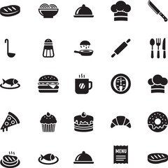 First Food and Starters Silhouette icon collection. Includes Silhouette symbols steak, soup, pizza, chef, menu and more. Isolated icons. Food and Starters icon set. Minimalist icons pack.