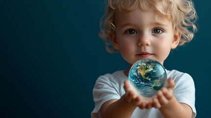 Curious Child Holding Transparent Holographic Tablet Displaying Rotating Planet Earth, Deep Blue Seamless Background.