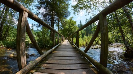 Fototapeta premium Wooden bridge over river fisheye